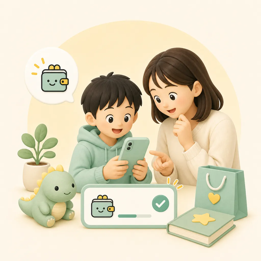 親子で残高を確認してから買い物を考える様子のイラスト