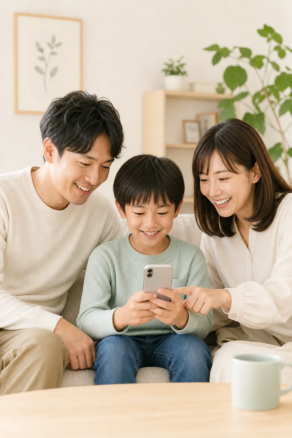 親子でスマートフォンを見ながら会話する様子