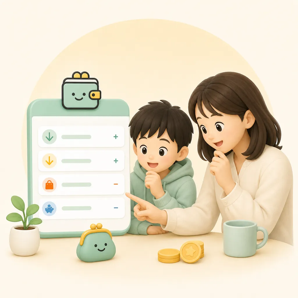 親子で支出履歴を見ながら話している様子のイラスト
